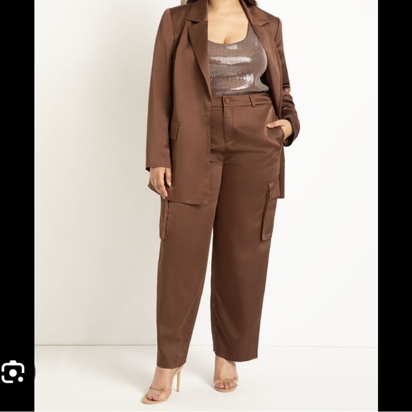ELOQUII Satin Brown Cargo Pant Suit - Picture 2 of 2
